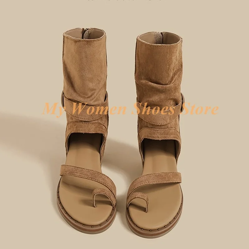 

New Arrival Versatile Outdoor Flat Sandals Tan Suede Open Toe Back Zipper Summer Boots Women Handmade Black Height Increase