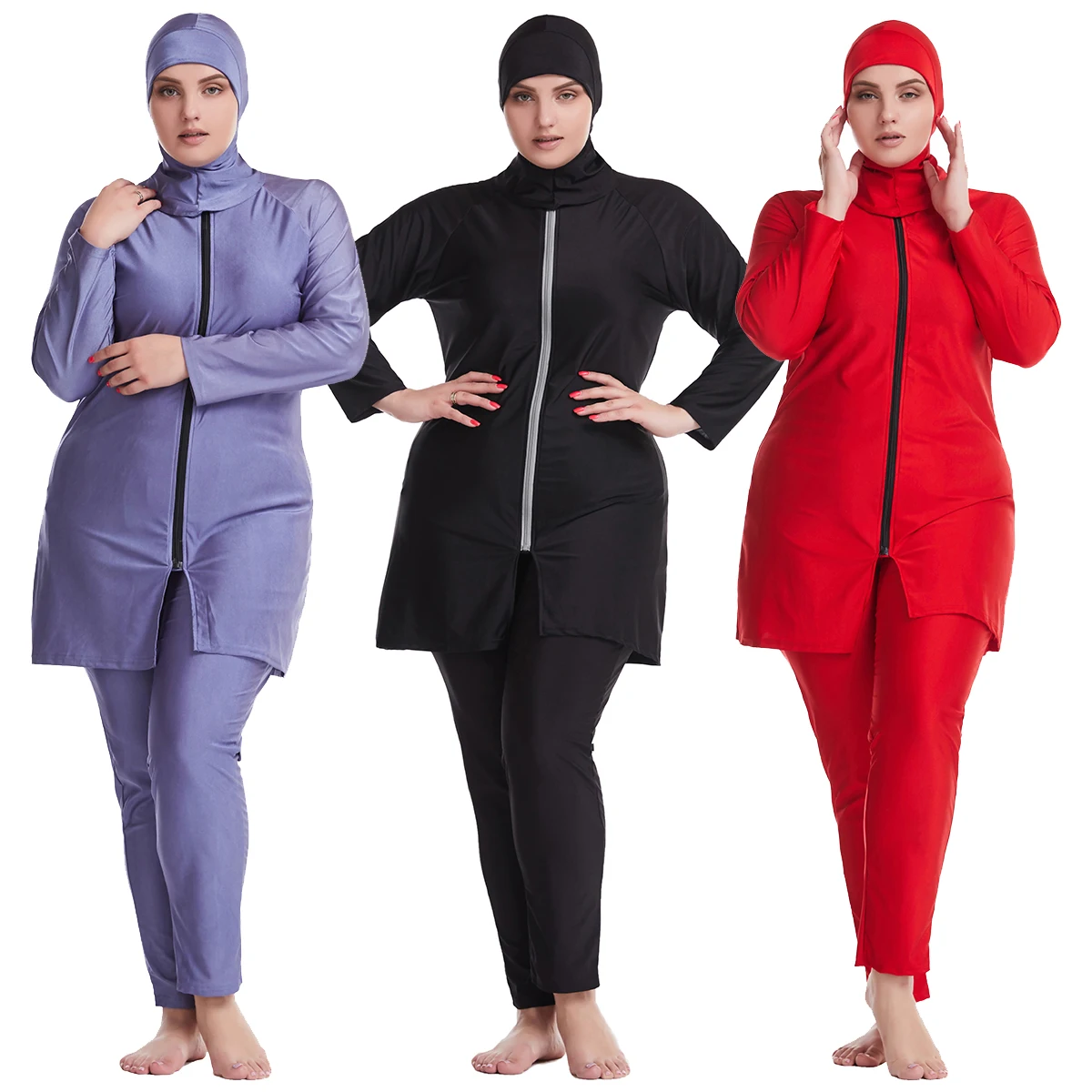 XL-6XL Muslim Lady Pure Color Long Sleeves Round Collar Zip Modest Swimming Clothing Arab Women 3 PCS Full Cover Swimsuits