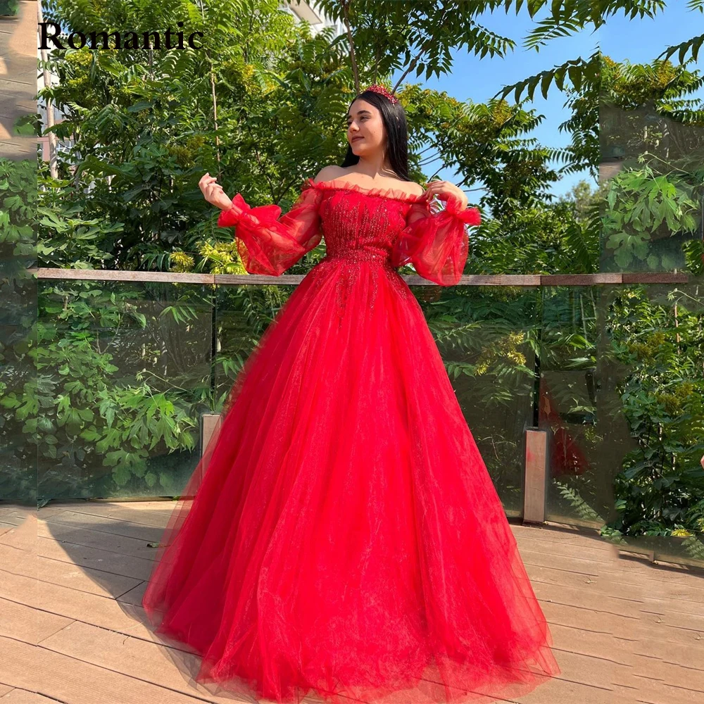 

Romantic Elegant Long Prom Dresses 2022 Red SequinTulle Ball Gown Off The Shoulder Floor Length For Women Evening Party Gowns