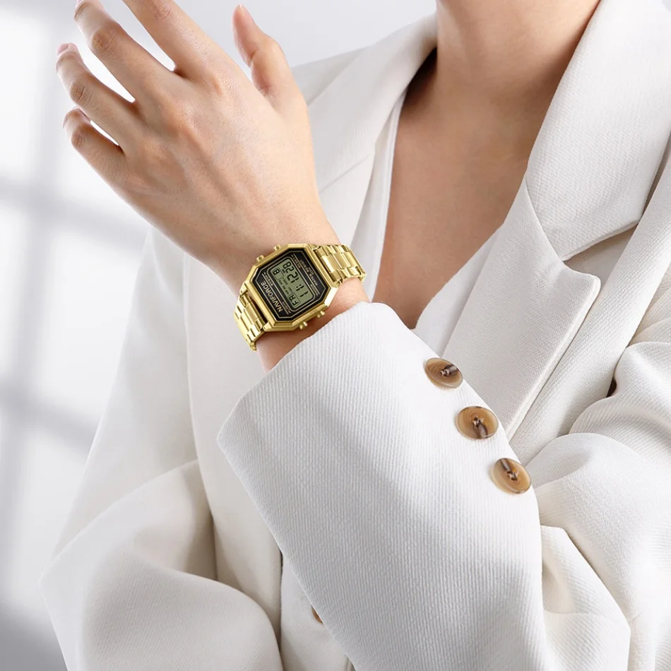 

NAVIFORCE Светодиодная лампа со светящимся режимом 3ATM Водонепроницаемые элегантные женские электронные часы Ремешок из нержавеющей стали Дисплей даты Роскошные часы