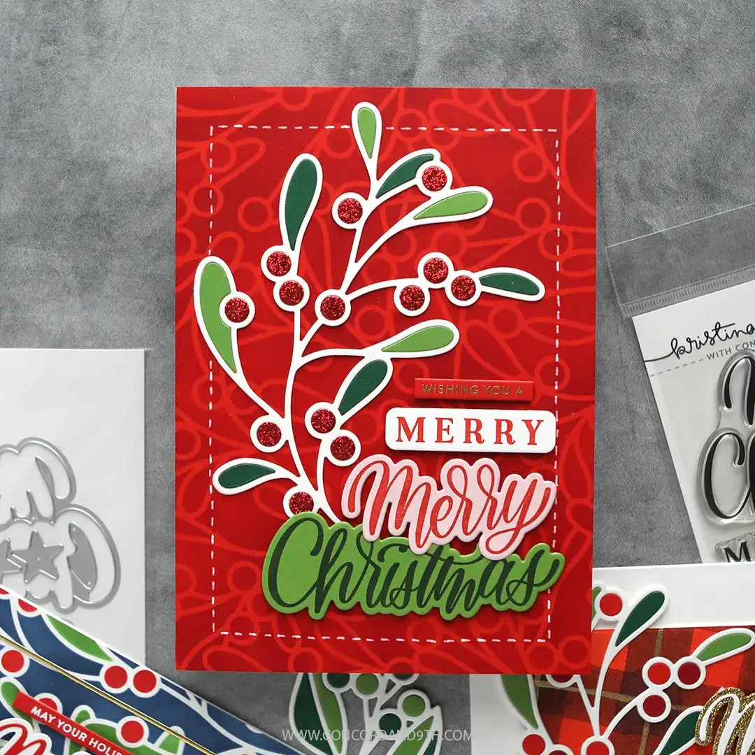 Christmas Holiday Merry Greetings Builder Berries Leaves Trees Bows Cuts Dies Stamp Stemcils Set DIY Make Scrapbooking Card Gift