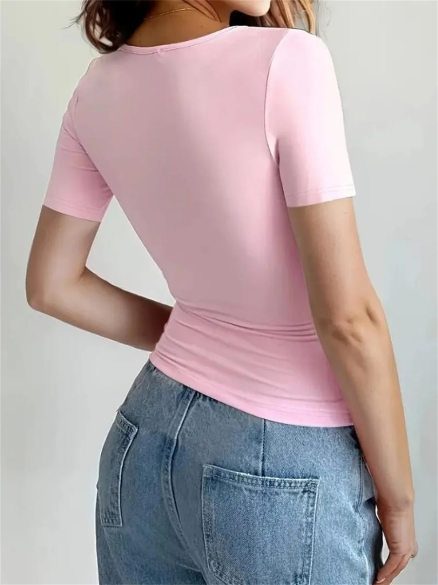 2025 Spring New Short Sleeve T-Shirt Women Solid Simple Casual Soft All-Match Hot Basic Crop Tops Tees Summer Fashion Slim Fit T