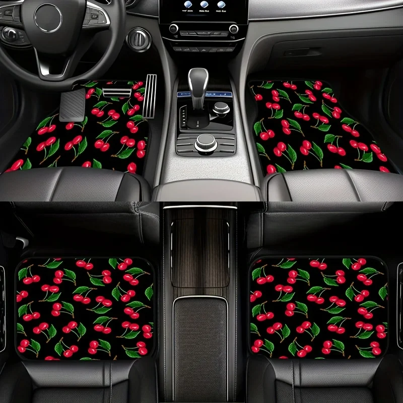 1 Set Of 5pcs Sweet Fruit Fun! Original Black Background Cherry Car Printed Floor Mats & Trunk Mats 5pcs Set, Suitable For Cars,