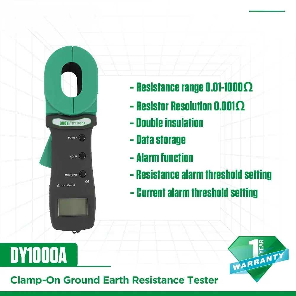 

DY1000A Digital Clamp-On Ground Earth Resistance Tester Ground Resistance Meter 0.01-1000 ohm 99 Sets 0.001Ω Leakage Current