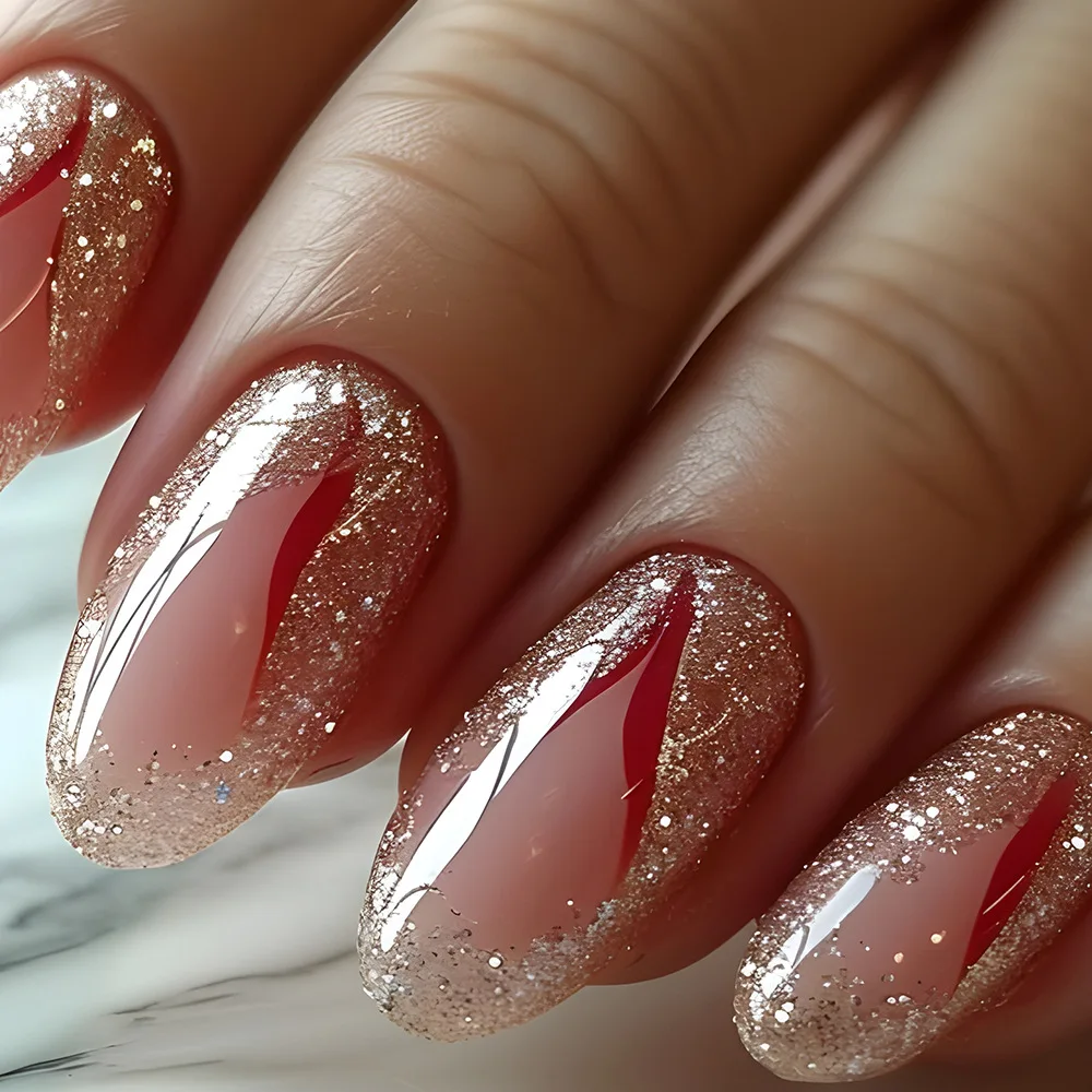 24Pcs Gradient Red Press on Nails with Sequin Glitter Long Almond Fake Nail Wearable Stiletto Nails Art Artifical False Nails