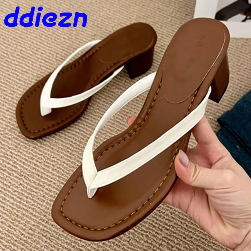 Calzature tacchi rotondi pantofole scarpe per le donne infradito estate spiaggia moda femminile poco profondo signore tacchi diapositive pantofole