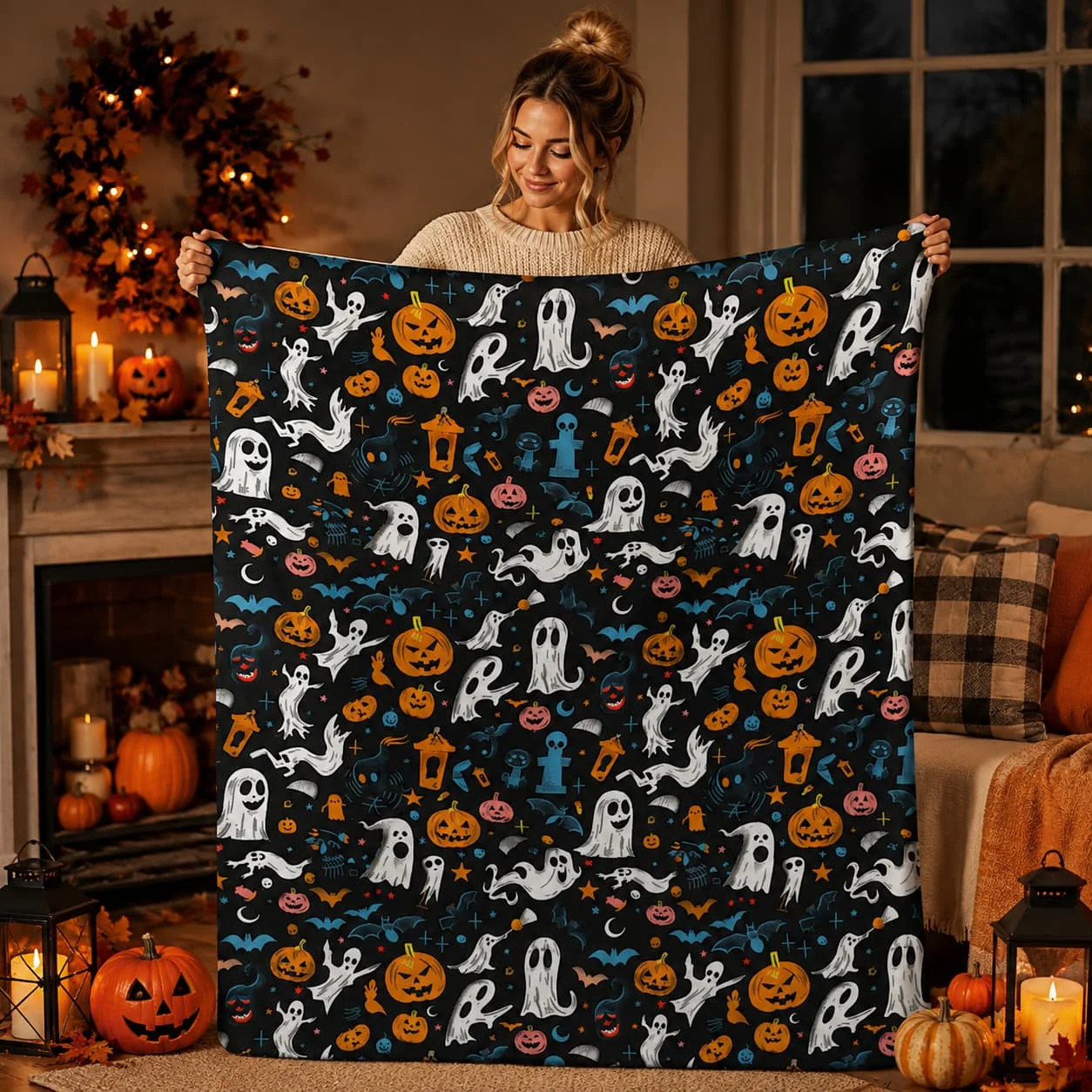 Cute Halloween Blanket Scary Blanket Spooky Blanket Ghosts Pumpkins Magic Candy Corn Halloween Gift for Her Kids Blanket