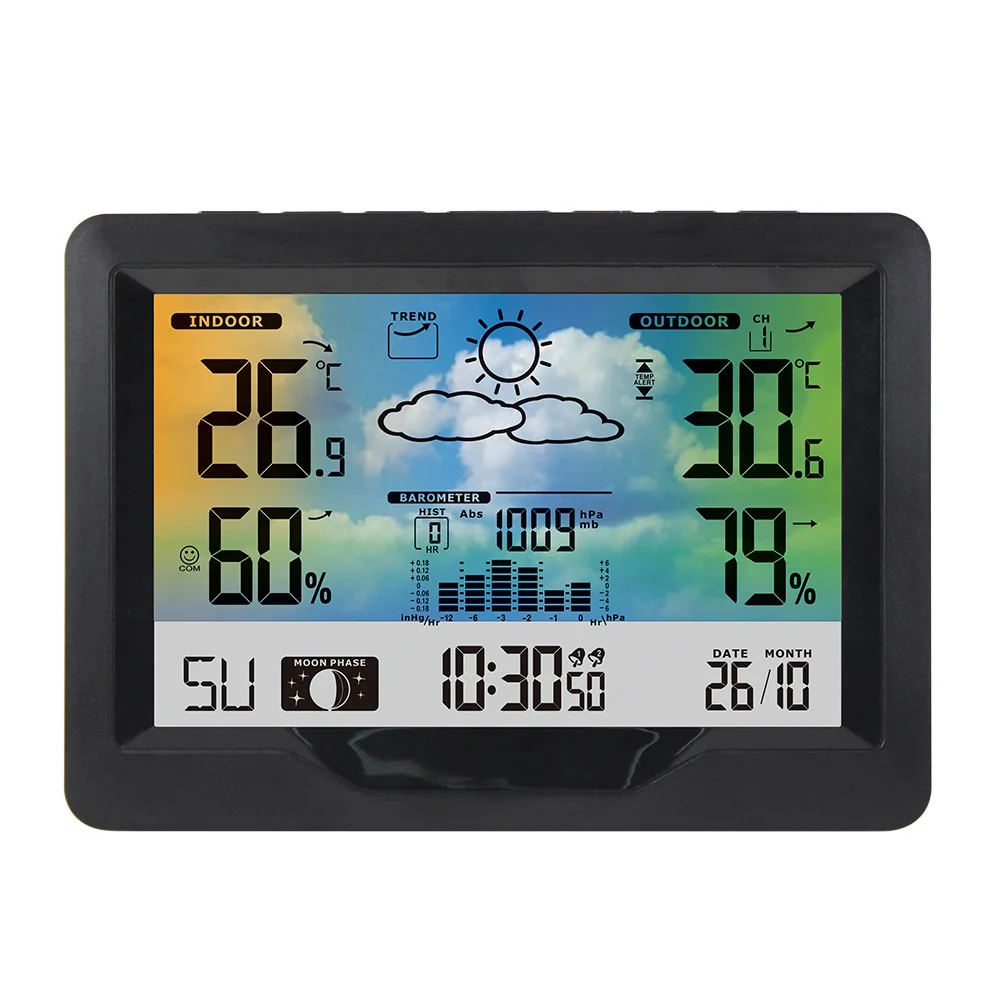 Wireless Weather Station Clock Digital Indoor Thermometer Hygrometer Meter 12H Air Pressure Record Moon Phase Barometer Weather