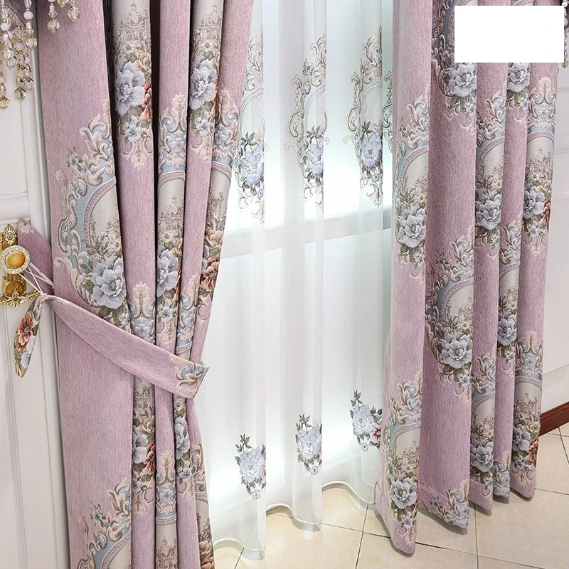 New Pink Purple European Relief Jacquard Chenille Window Screen Curtains for Living Room Bedroom French Window Balcony Custom