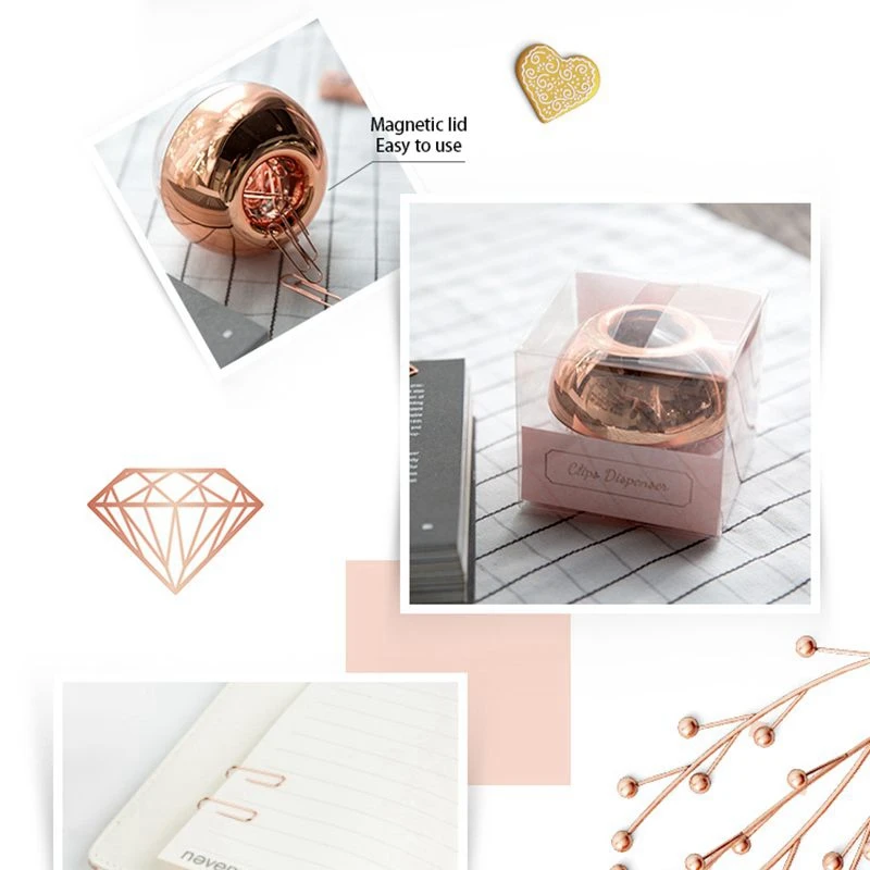 100 Buah Dispenser Klip Kertas Di Rose Gold Klip Magnetik & 1 Buah Dispenser Pita Akrilik Bening Rose Gold