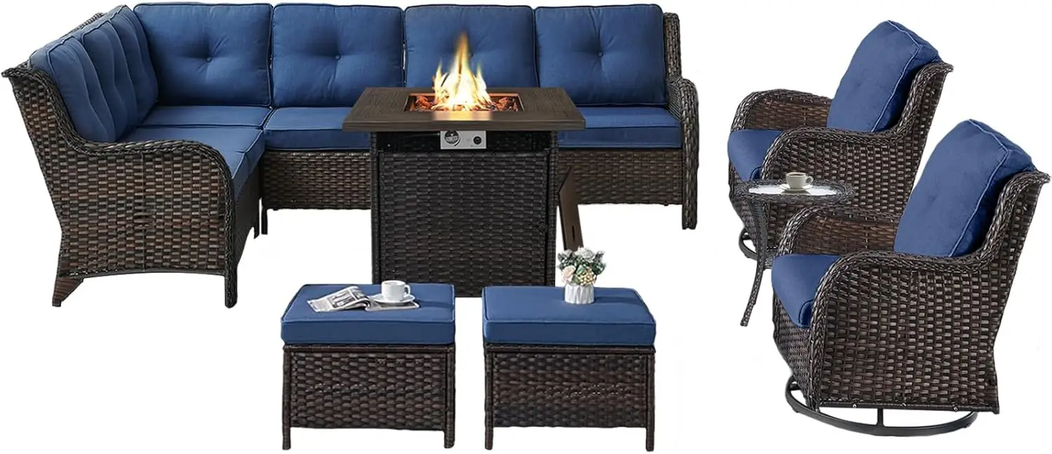 

Outdoor Sectional Furniture Sofa Set with Propane Fire Pit Table, Wicker Patio Conversation Set with Swivel Rocker Glider Chair