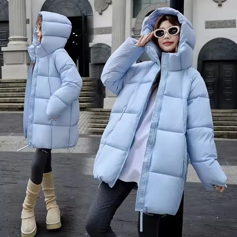 2025 invierno nuevo abrigo cálido para mujer Chaqueta larga de algodón con plumón moda con capucha mujer acolchado suelto Be All-Match ropa de abrigo de pan