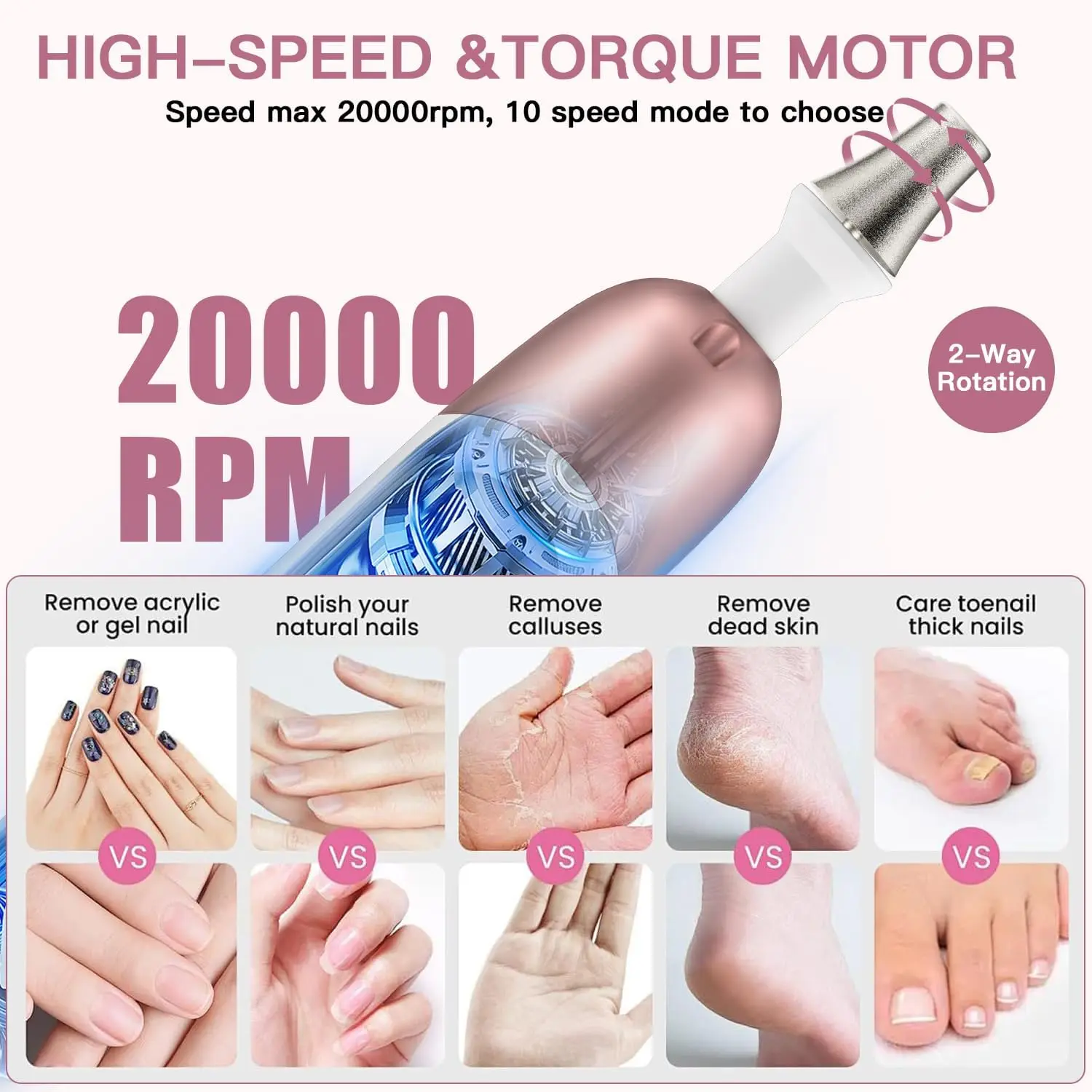 Kit profissional de broca elétrica para unhas, 10 velocidades, portátil, recarregável, conjunto de lixa de unha para gel grosso, cutícula, mão, pé