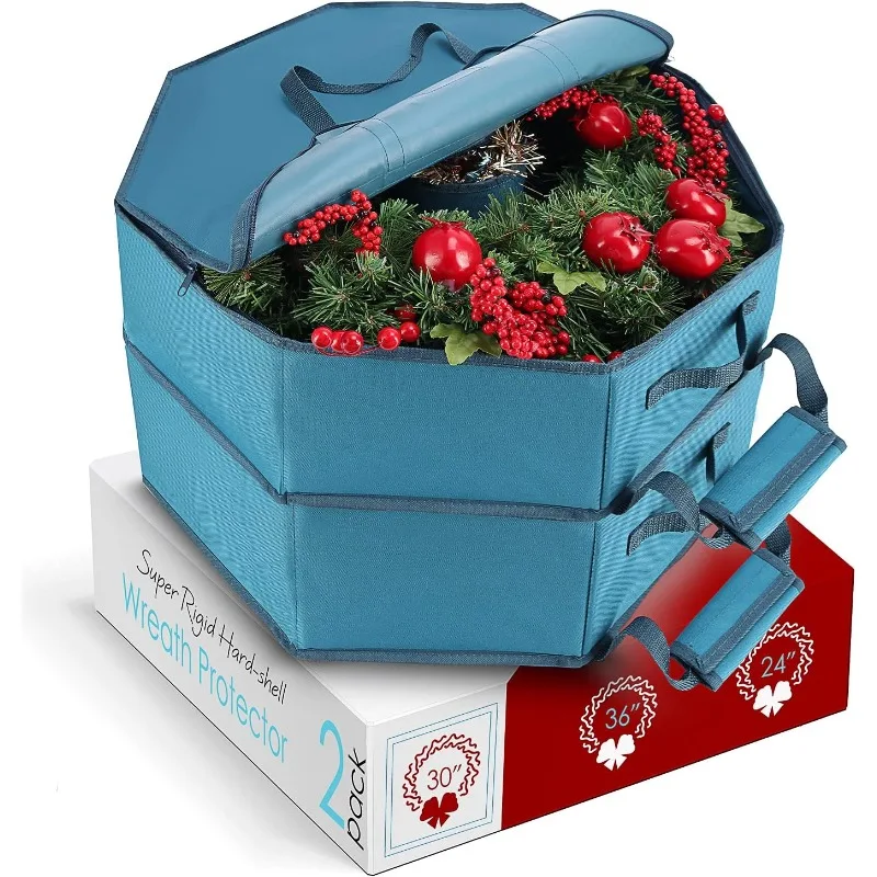 Container-Hard Shell Christmas Bag with Interior Pockets, Dual Zipper and Handles-Premium Wreath Storage Organizer Box, 30