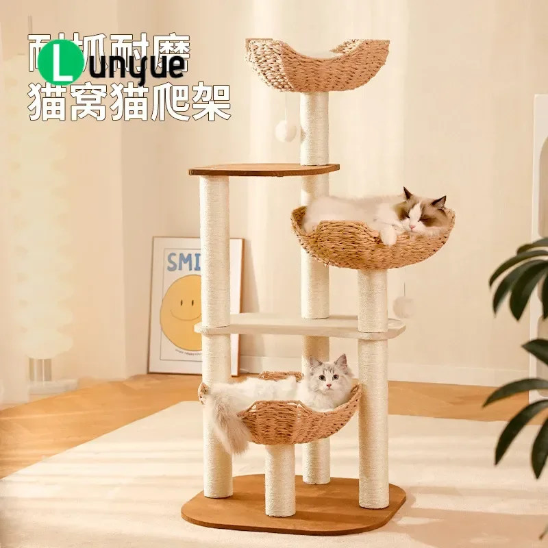 Cat Climbing Frame with 3 Woven Nests Jumping Platform Scratching Post Space Saving Claw Grinding Tower Small Cat Tree Toy