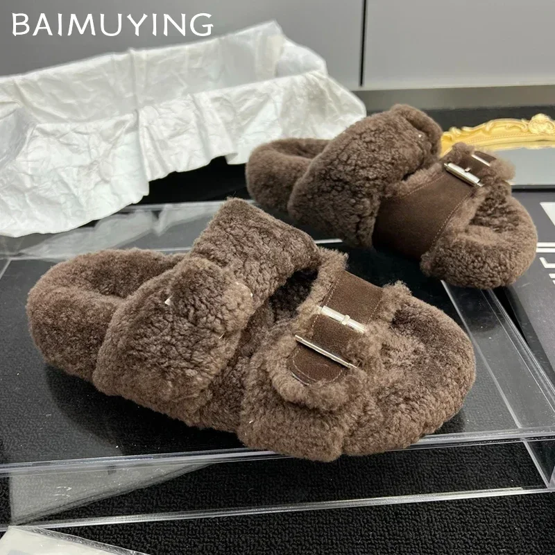 Fur Flats Platform Women Slippers Fashion Plush Cotton Shoes Winter 2024 Trend Designer Casual Thick Cozy Woman Zapatos De Mujer