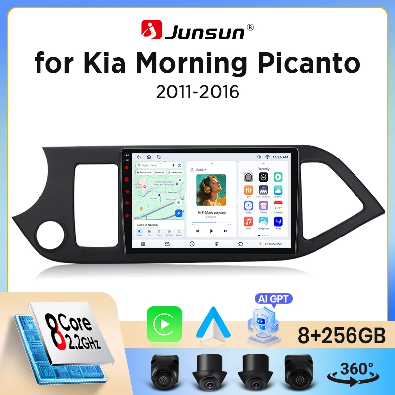 Junsun Wireless CarPlay Android Auto Autoradio für Kia Picanto Mk2 (TA) 2011-2017 mit eingebautem Lüfter, Android GPS-Navigation, Multimedia-Player, WiFi, DSP, RDS, BT, SWC, IPS-Touchscreen,