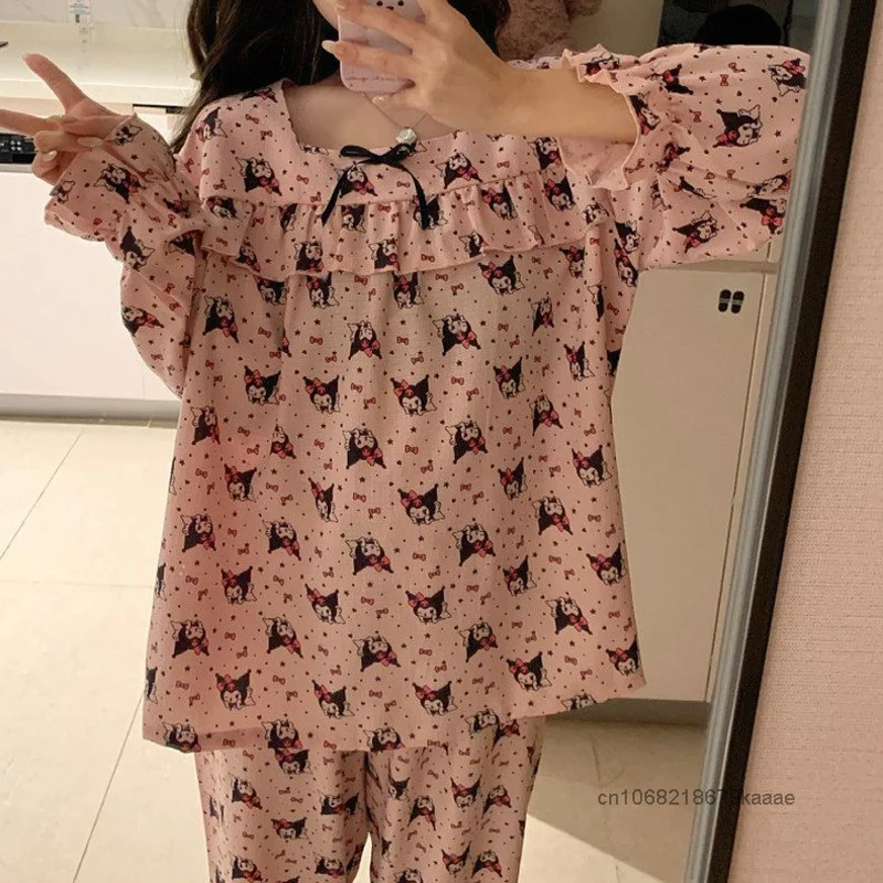 Sanrio Kuromi Sweet Lovely Style Lace Bow Pajamas Simple Design New Fashion Home Wear Spring Autumn Cute Cartoon Print Nightgown