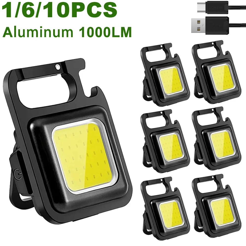 1/6/10PCS Mini LED 1000LM Flashlight Keychain Multifunctional Portable COB Camping Lamp USB Charging Work Lights Fishing Lantern