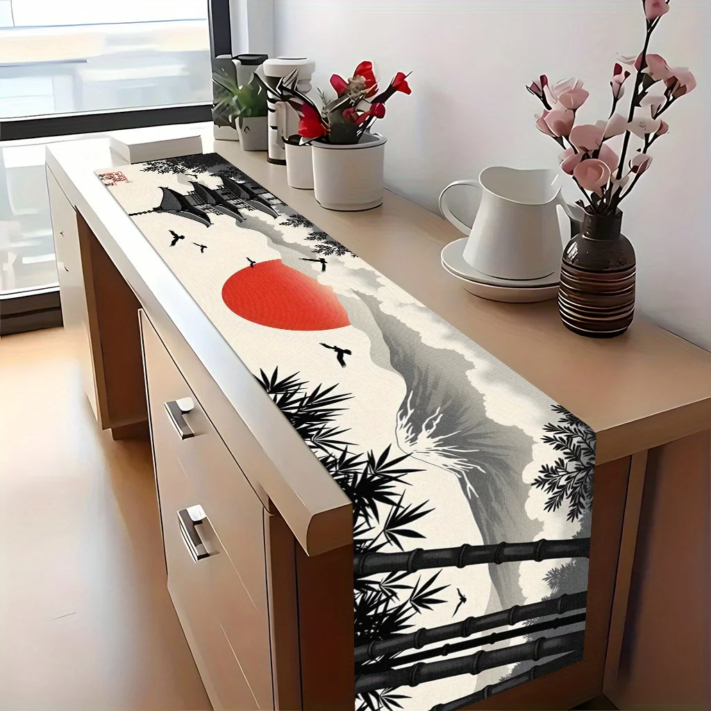 Japanese Ink Wash Landscape Table Runner 2D Single Print Red Sun Home Decor Accessory Elegant Oriental-Themed Durable Table Use
