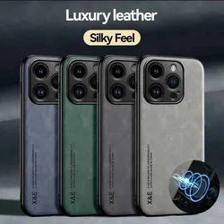 Luxury Leather Case For iPhone 17 16 16e 15 14 13 12 11 Pro Max Plus 12 13 Mini SE Cover With Metal Plate Support Car Hold
