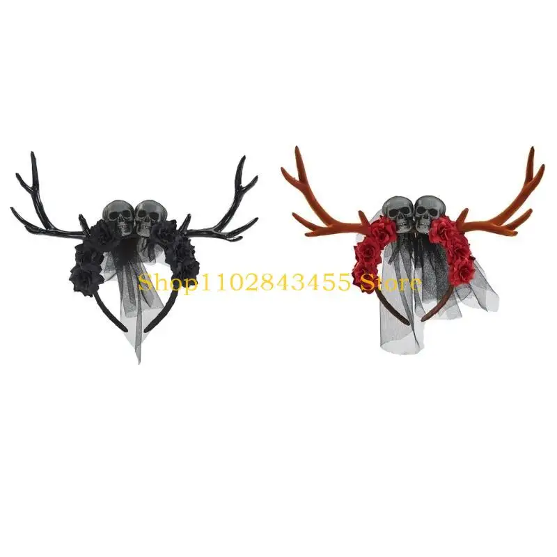 

49MC Halloween Antler Headband Deer Day Of the Dead Headband Gothic Skull Headband