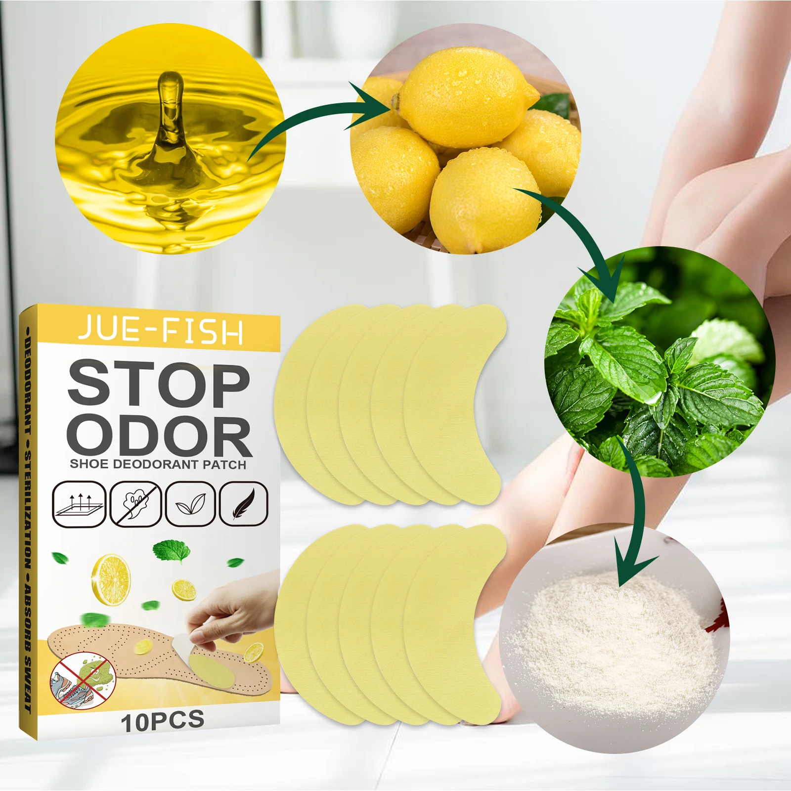 10pcs Shoe Deodorant Patch Lemon Mint Sneaker Odor Eliminator Long Lasting Insole Sticker Sweat Deodorizing Pads for Boots