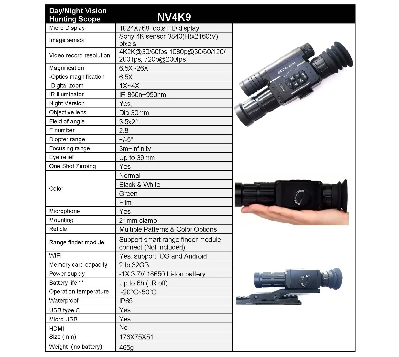 NV4K9 Infrared Night Vision 4K Resolution Hunting Day And Night Vision Scope Connect with Smartphone via iOS/Android Apps