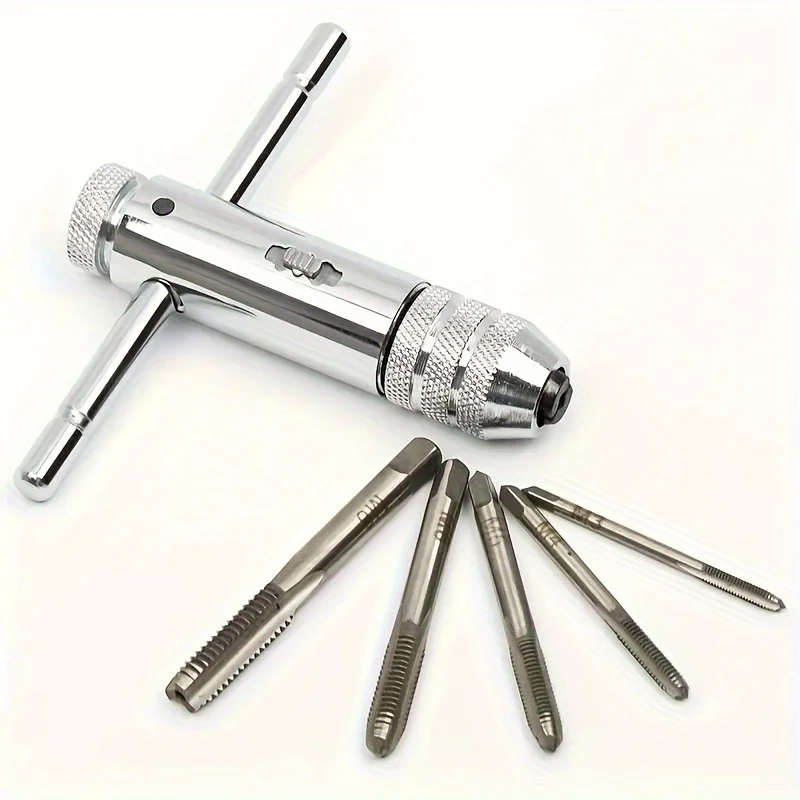 6pcs Adjustable T-Handle Ratcheting Tapping Wrench Set, M3-M8 Metric Plug Tap Wrench for Wire Tapping