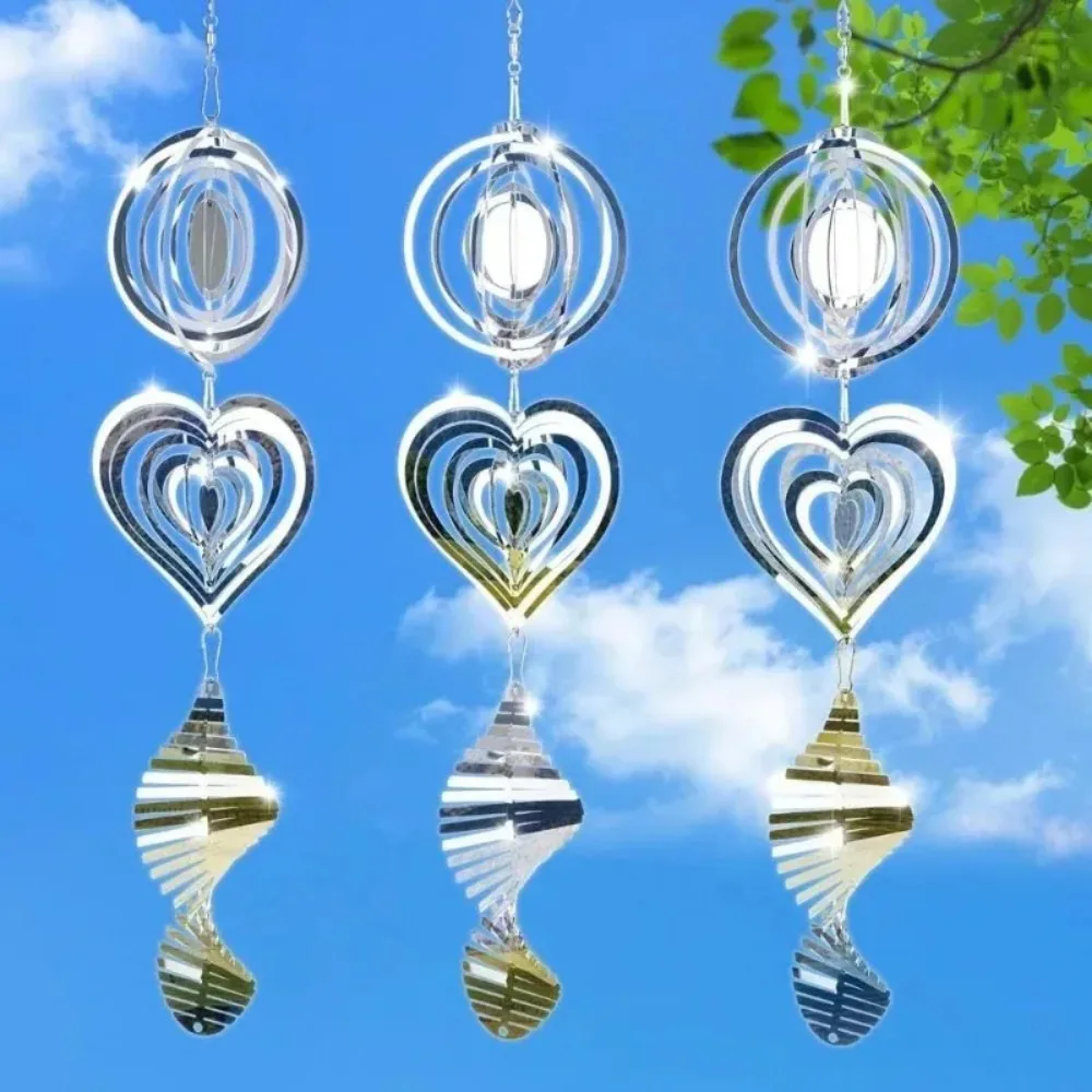 3D Whirligigs Garden Wind Spinner Flowing Illusion Mirror Outdoor Farm Yard Bird Deterrent Hanging Decor Metal