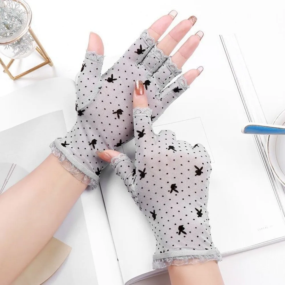 Lace Design Half Finger Gloves Summer Weight Little Rabbit Pattern Driving Gloves Thin Material Exposed Finger Short Gloves