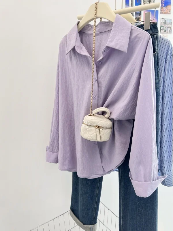 

Элегантная фиолетовая рубашка с длинными рукавами и защитой от солнца, женская летняя тонкая верхняя одежда, кардиган, топ в корейском стиле, для повседневной носки