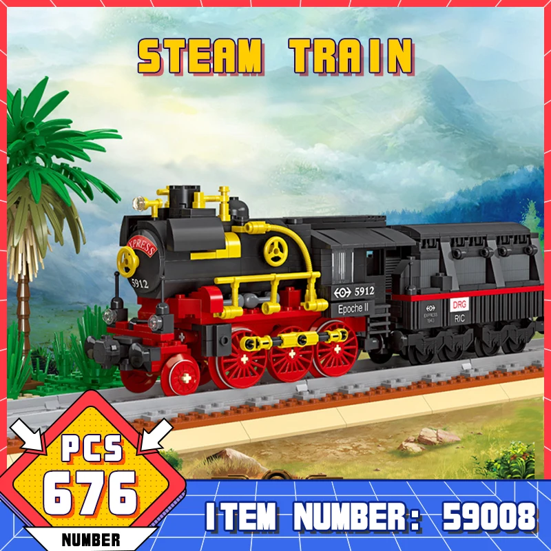 

59008 Ретро Креативный паровозик Кирпичи игрушки городской локомотив Железная дорога Классический поезд Технические строительные блоки Украшение рабочего стола детские подарки