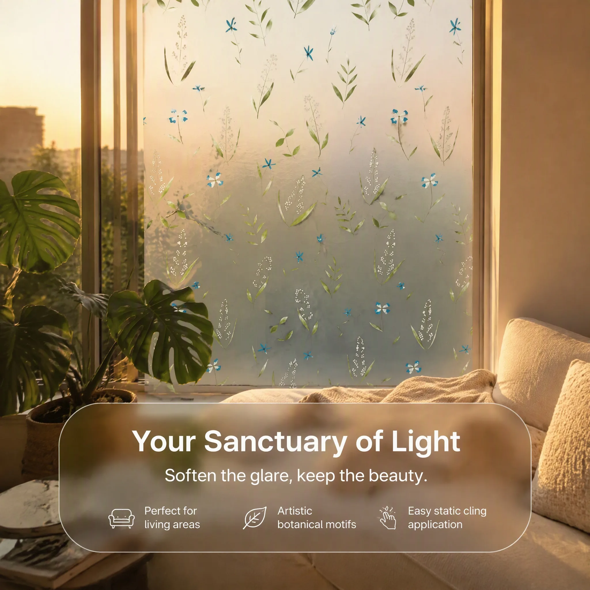 Blue Wildflower Self-Adhesive Frosted Privacy Window Film Decorative Glass Sticker for Kitchen Bathroom