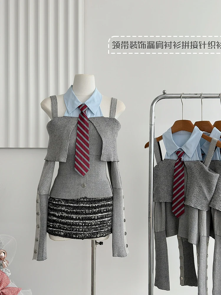 Spring Women Korean Preppy Long Sleeve Patchwork Sweater Cute Core Knitting Shirt 2000s Shoujo Coquette Gyaru Idols Design Kpop