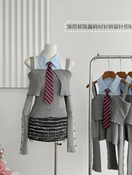 Spring Women Korean Preppy Long Sleeve Patchwork Sweater Cute Core Knitting Shirt 2000s Shoujo Coquette Gyaru Idols Design Kpop