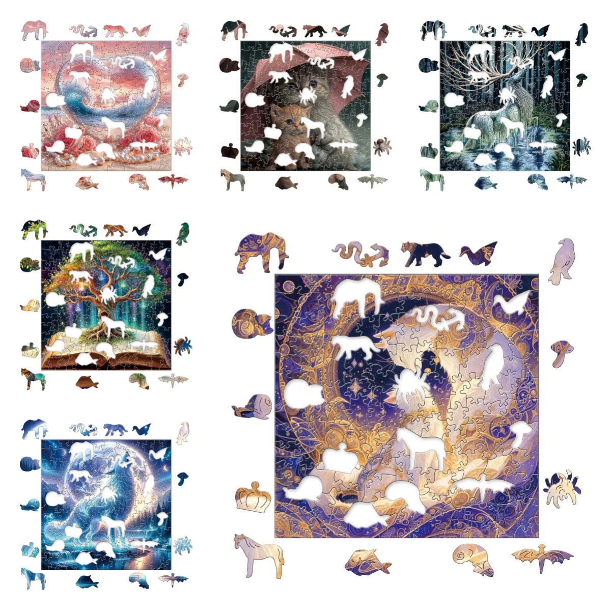 Cat Wolf Elk Tree Forest Love Starry Animals Puzzles Unique Shape High Quality Jigsaw Puzzle Wooden Puzzle Best Gift For Child