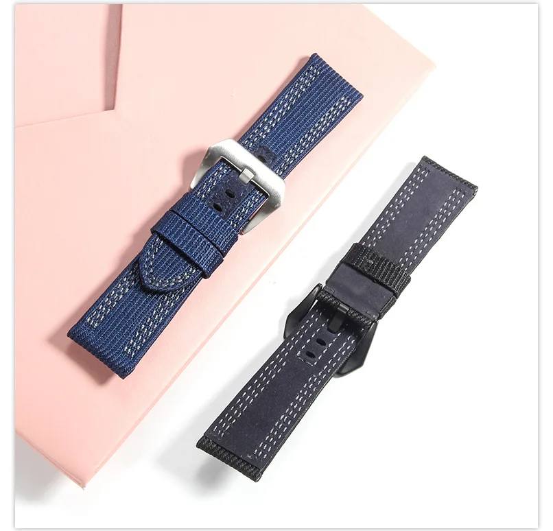 Nylon genuine leather strap with steel tube for PAM1122 753 1312 woven fabric 24mm 26mm