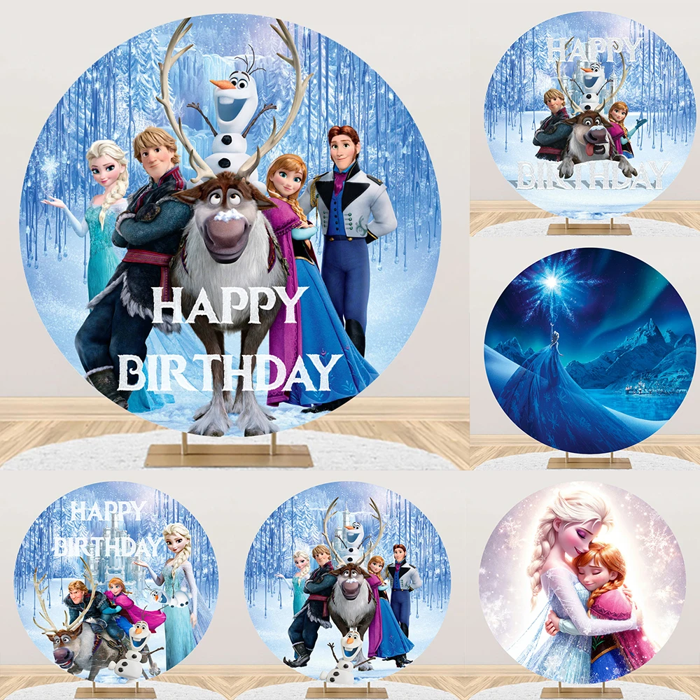 Toile de fond ronde Disney La Reine des Neiges Elsa Anna pour filles, décoration de fête d'anniversaire ou de baby shower, fond de photographie circulaire