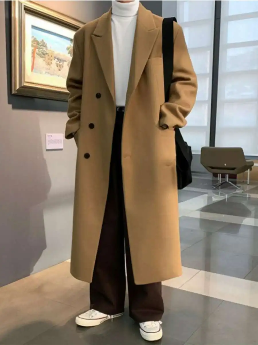 

Зимнее мужское шерстяное пальто длиной до колена, повседневное пальто с рукавами, корейская версия, молодежная верхняя одежда для отдыха, украшенная индивидуальным кроем