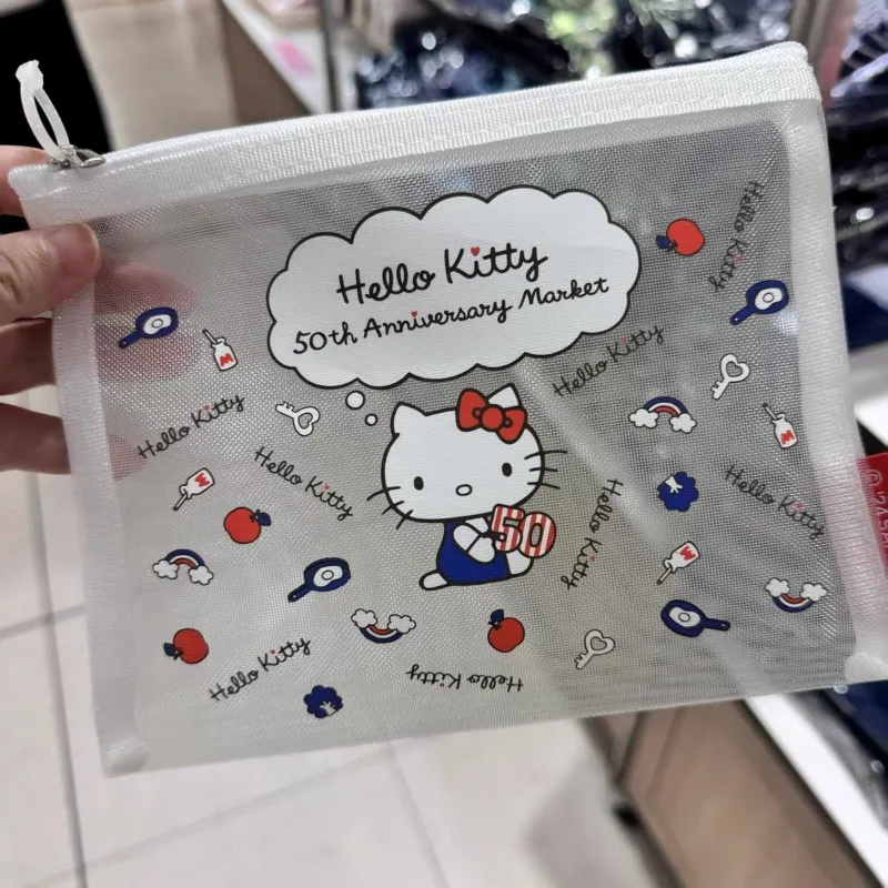 Sanrio Hello Kitty Cosmetic Bags Cartoon Transparent Mesh Bag Portable Toiletries Organizer Stationery Storage Pouch Pencil Case