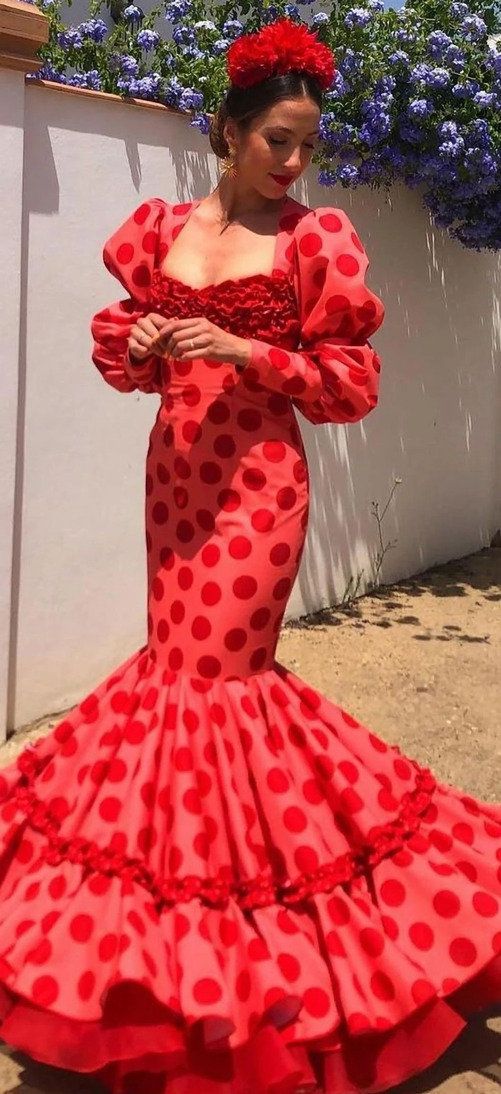 Red Flamenca Evening Dress Long Sleeves Polka Dot Skirt 2024 Spanish Prom Dance Dresses Special Occasion Party Gowns