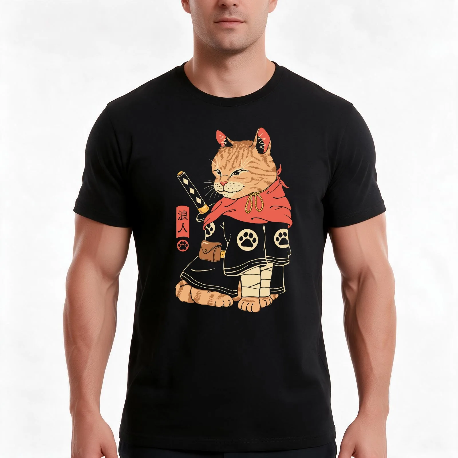Neko Ronin T-Shirt, Summer Casual Cotton Tee, Oversized Streetwear Tops, Vintage Graphic Print, Loose Fit Short Sleeve