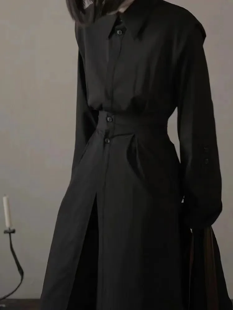 

Stylish Trendy Fashion Men Women Unisex Long Shirt Skirt Niche Dark Black Series Costume New Chinese Slit Waist Cinching Dress