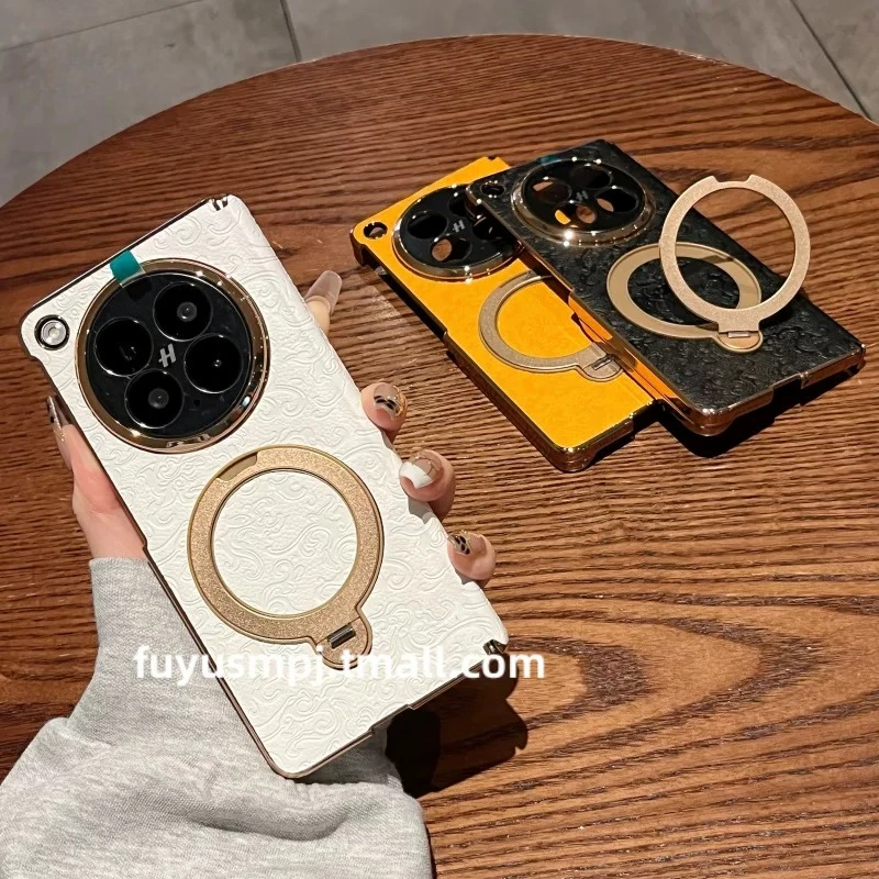 

For OPPO Find N6 Case Magnetic 360° Ring Flower Print Texture PU Leather Cover Equipped With Central Hinge Protection Back Shell