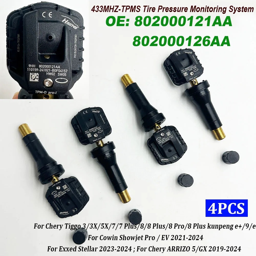 4PCS High Quality Tire Pressure Monitoring Sensor 433MHz TPMS 802000121AA 802000126AA For Chery Exploration/Explore 06 2023-2024