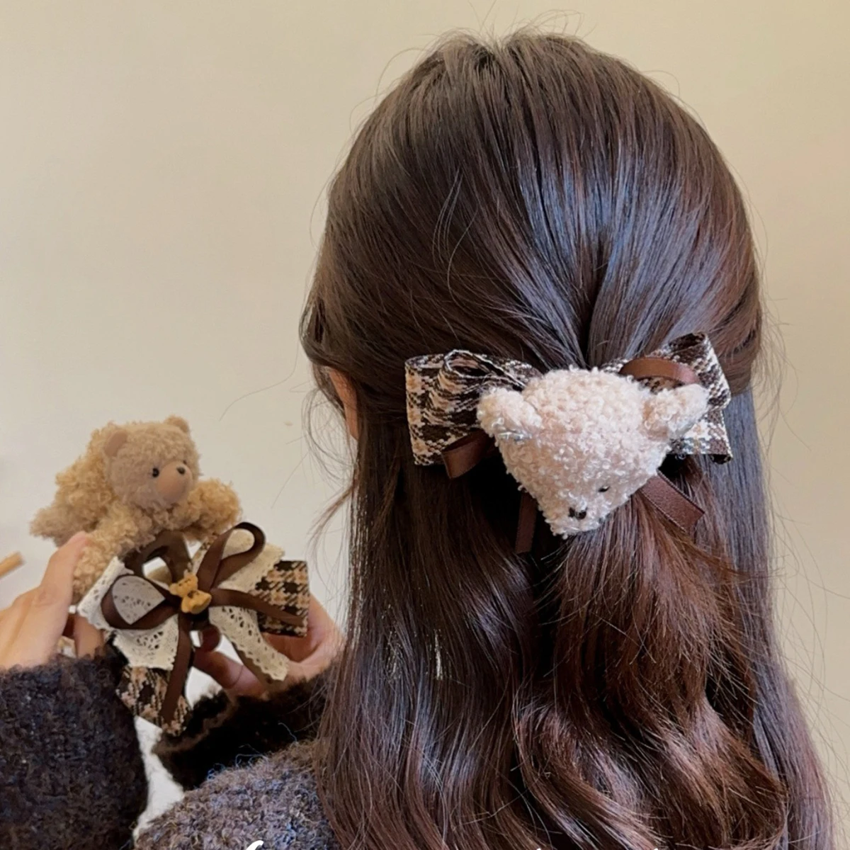 Cartoon Fabric Teddy Bear Clip Hair Clip New Brown Checkered Bow Headband Shark Clip Half Tied Hair Clip Hair Accessory