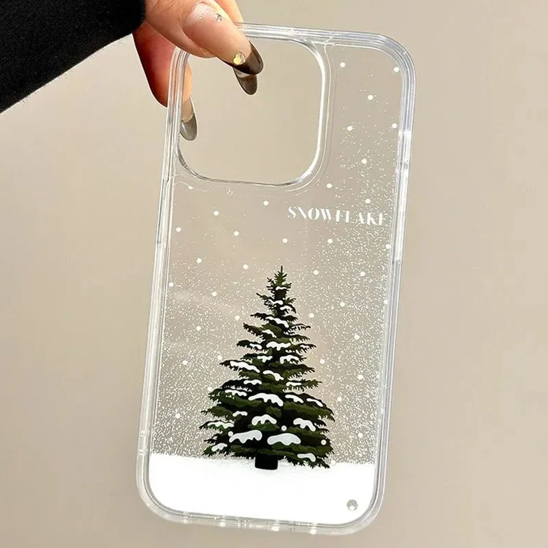 

INS Christmas Snow Tree Print New Year Quicksand Transparent Phone Case For iPhone 16 15 14 13 12 11 XS X XR Pro Max Plus Cover