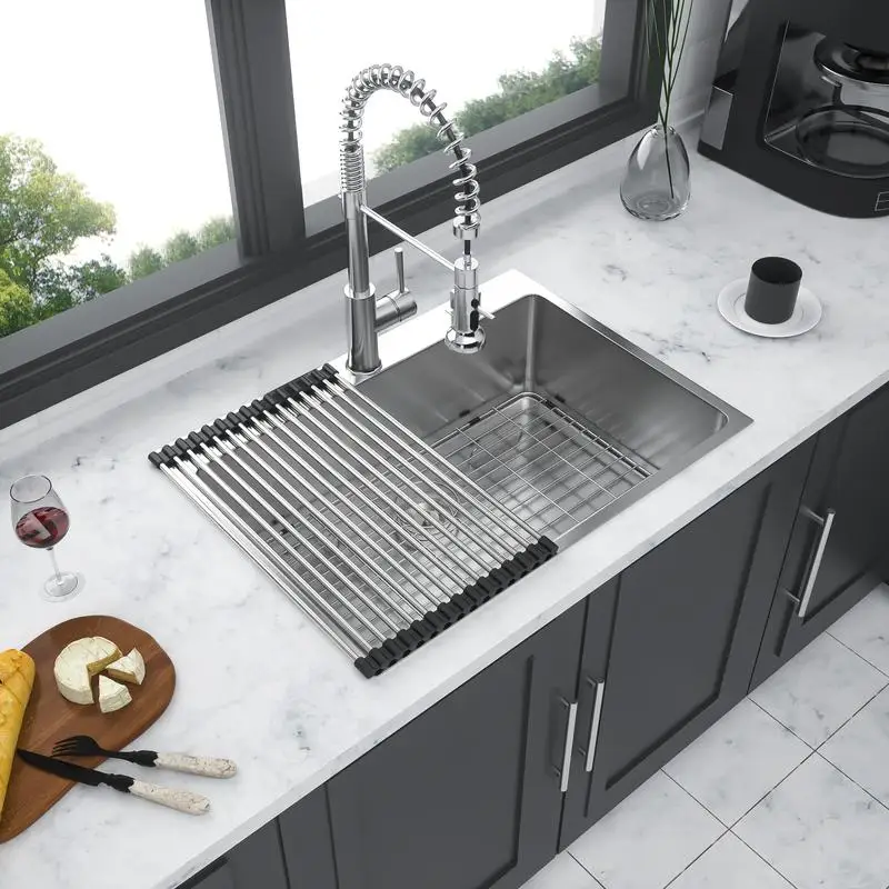 

25-Inch Stainless Steel Drop-In Kitchen Sink, 16-Gauge Top Mount, R10 Tight Radius, Deep Single Bowl, 25-Inch Basin