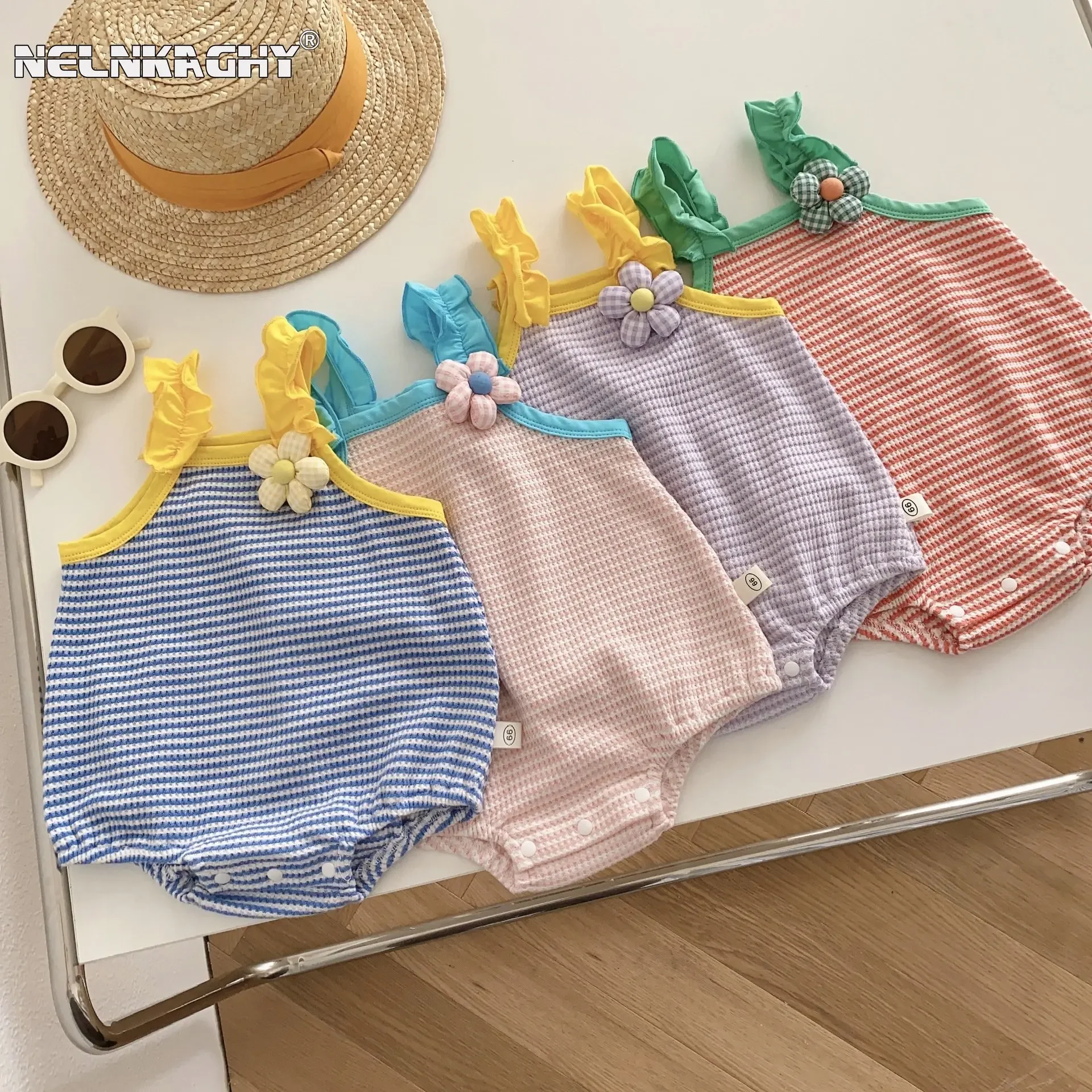 

Stripe Ruched 3D Flower One-Piece Infant Kids Overalls: Cute 85% Cotton Toddler Bodysuits for Newborn Baby Girls Clothes 0-24M